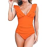 Annbon Women's V-Neck One Piece Swimsuit Ruffled Tummy Control Bathing Suit Lace Up Swimwear