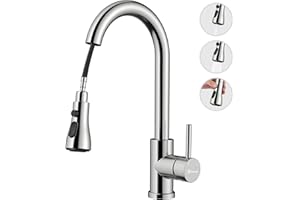 Hauwute Kitchen Faucet with Pull Down Sprayer，Brushed Nickel Kitchen Sink Faucet with 3 Modes，304 Stainless Steel Faucet for Kitchen Sink RV Laundry Farmhouse Bar