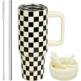 ProTour 100% Leakproof 40 oz Tumbler with Handle & 4-in-1 SipSwig Lid | Built-In Flip Straw & External Stainless Steel Straw | Insulated Stainless Steel Cup | BPA-Free | Black & White Checkered