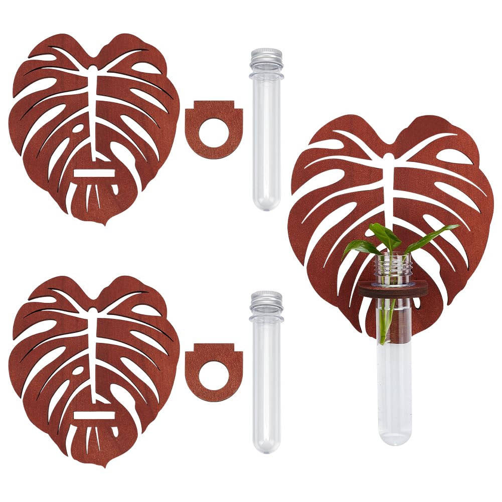 MAYJOYDIY 2 Set Wooden Monstera Leaf Wall Hanging Planter Wall Propagation Station Plant Holder Decorative 2 Test Tube Propogation Vase for Home Office Decor Garden Plant Supports