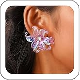 Zeshimb Boho Acrylic Flower Earrings Large Resin Floral Stud Earrings White Multi-Petal Rhinestone Flower Buds Earrings Vintage Flower Shaped Iris Earrings Jewelry for Women