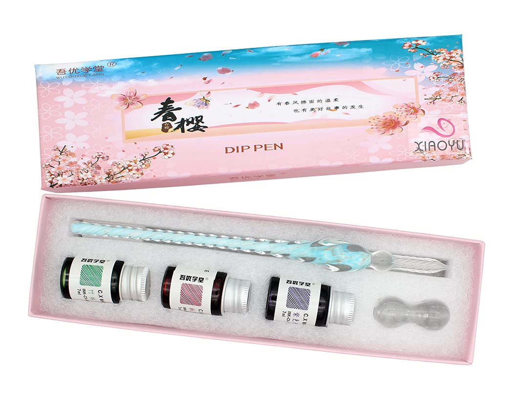 XIAOYU Glass Dip Pen Set, Calligraphy Pen Signature Pen Writing for School Stationery Art Decoration Supplies, Blue