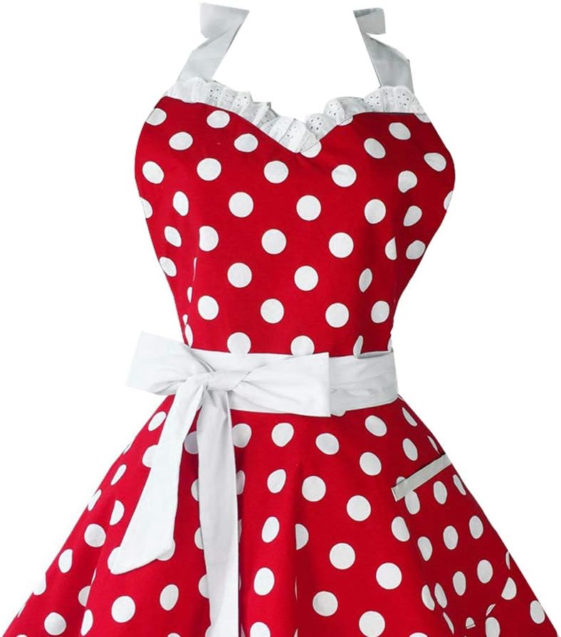 Golden Apple Lovely Sweetheart Red Retro Kitchen Aprons Women Girl Cotton Polka Dot Cooking Salon Apron Dress - Image 3