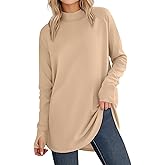 JUSTFASHIONNOW Tunic Tops for Women Casual Long Sleeve Turtle Neck Shirts Thumb Hole Curved Hem Tops Fall Fashion