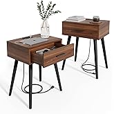 HAIOOU Set of 2 Mid Century Nightstand with Charging Station, End Table Modern Side Table One Drawer with Premium Matte Black Handle and Pine Wood Legs for Home Bedroom Living Room (NS003X)