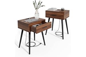 HAIOOU Set of 2 Mid Century Nightstand with Charging Station, End Table Modern Side Table One Drawer with Premium Matte Black Handle and Pine Wood Legs for Home Bedroom Living Room (NS006X)