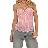 Nicoxijia Corset Tops for Women Floral Hollowed Strapless Lace Crop Top Y2K Sexy Going Out Irregular Hem Shapewear Bustier