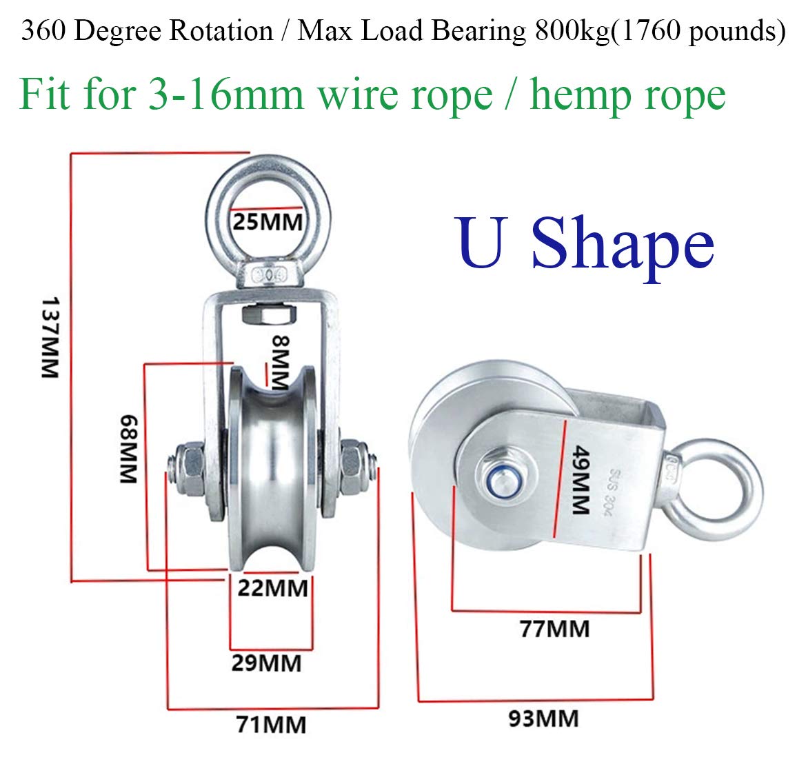 Penkwiio 1PCS Heavy Duty U Type Single Wheel Pulley Block Duplex Bearing 304 Stainless Steel 360 Degree Rotation Smooth Loading 1760lb/800 Kg for Material Handling and Moving: Industrial & Scientific
