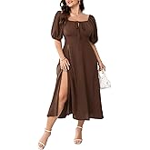 Women's Plus Size Summer Dress Short Sleeve Square Neck Milkmaid Dress Tie Front Split A-Line Maxi Long Dresses