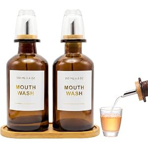 BONLONG 11.8OZ Glass Mouthwash Dispenser, Set of 2, Amber | Stainless Steel & Bamboo Nozzle, Mouthwash Cup Reusable, Bamboo T