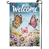 Spring Summer Garden Flags for Outside 12x18 Double Sided, Small Burlap Seasonal Floral Butterfly Welcome Garden Flag Spring Summer Outdoor Yard Decorations