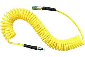 SANFU (PU) Polyurethane Recoil Air Hose 1/4”ID x 25ft with Bend Restrictor,1/4” Industrial Steel Quick Coupler and Plug(25’)