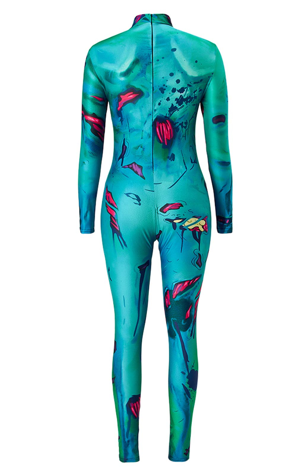 Halloween Jumpsuit 3D Grafik Printed Halloween Kostüme Ideen Royalblau Schwarz Weiß Knochen Organ Blood Haut Enge Skeleton Bodysuit Overall Xray High Neck Catsuit für Frauen