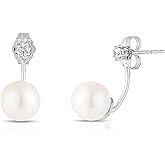 KOKAV 14K White Gold 7mm Freshwater Pearl with Diamonds Jacket Earrings