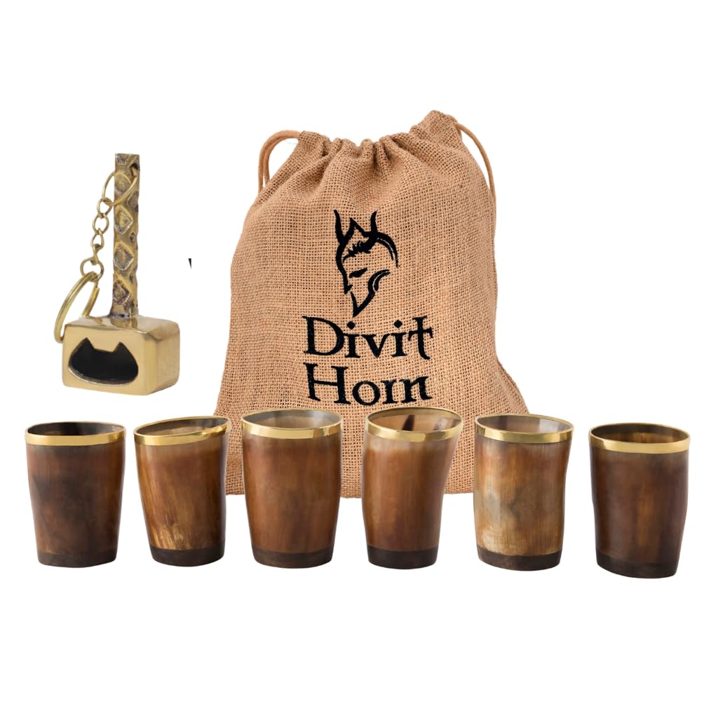 Divit Genuine Viking Drinking Horn Shot Glass | Set of 6 | Handcrafted and Polished Authentic Medieval Horn Shot Glass | 4.5 oz (130 ml) capacity of each Shot Glass horn Cup/Stein.