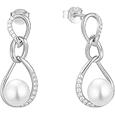 Aprila Women 925 Sterling Silver 8mm Button Freshwater Pearl Dangle Drop Earrings 5A Cubic Zirconia Jewelry
