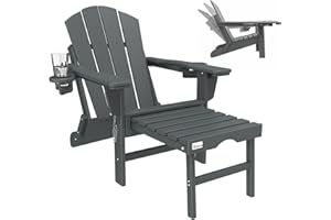 Mdeam 3-Level Adjustable Adirondack Chair with Retractable Ottoman, HDPE All-Weather Folding Fire Pit Chair with 2 Cup Holders, Outdoor Chair for Deck Patio Garden Backyard Lawn (Grey)
