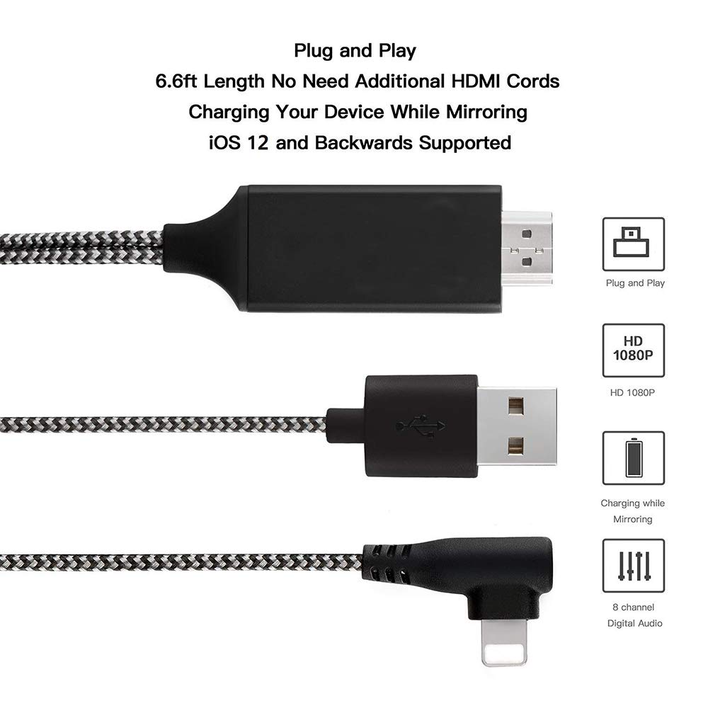 Cavo Phone HDMI 6FT/2M Adattatore HDMI 1080P HDTV MHL Mirroring sulla Casa Teatro/Proiettore/TV/Adatto per Phone XR/XS Max/XS/X/8/8 Plus/7/7 Plus/6s /6 - Fino a iOS 12 Kdely …