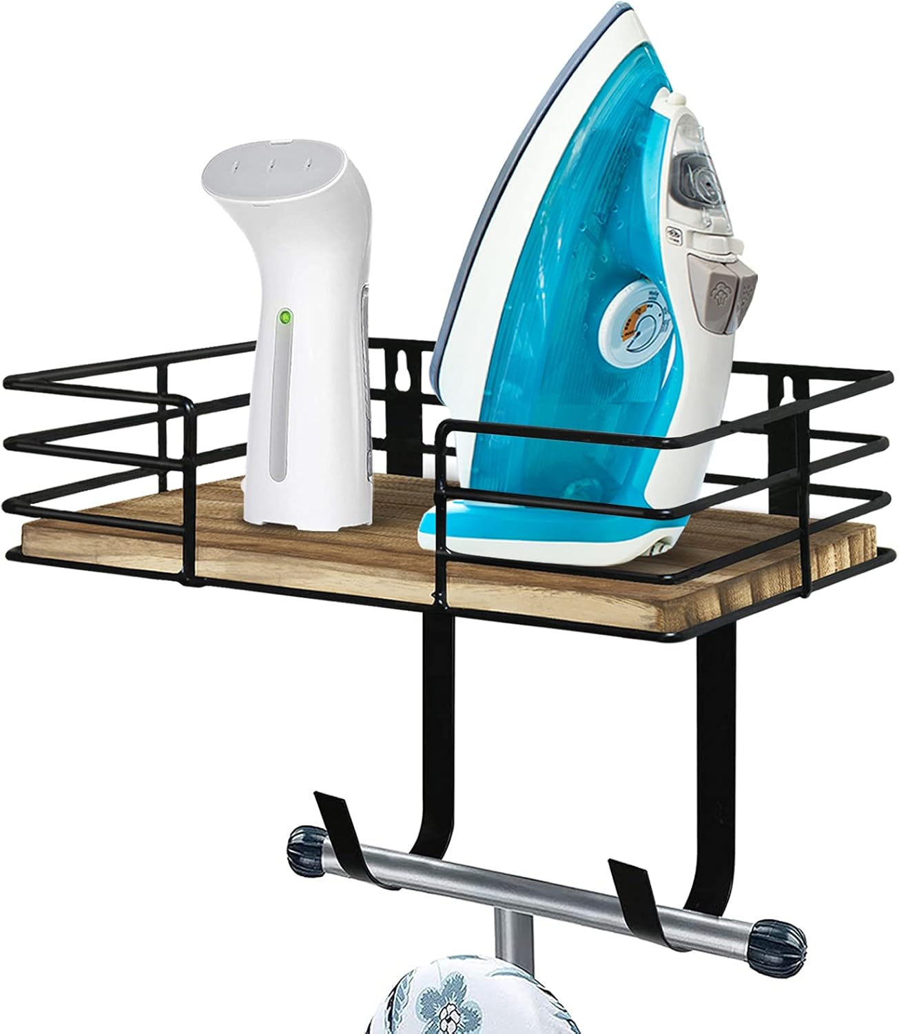 Ironing Board Hanger Wall Mounted, Iron and Ironing Board Holder with Large Storage, Metal Wall Mount with Wooden Base Storage Basket and Removable Hooks for Laundry Room: Home & Kitchen