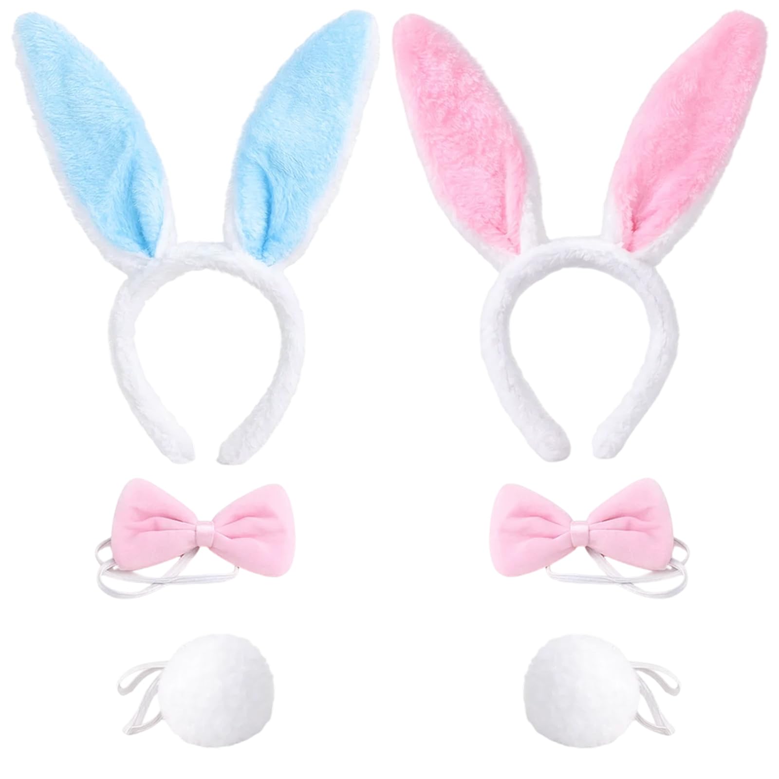 WaaRiuQ Bunny Ears And Bunny Tail, 2 Sets Rabbit Costume Kids And Bunny Ears Adult, Rabbit Ears Costume With Blue And Pink Colors, Bunny Costume For Various Occasions