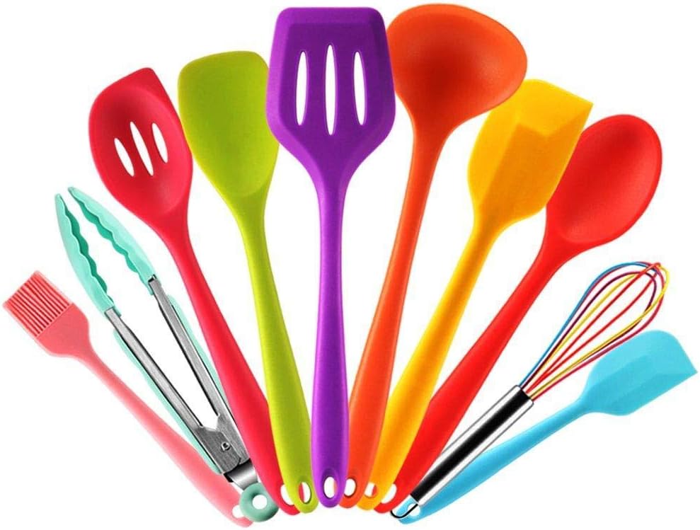 Renquen Colored Silicone Kitchenware Set of 10 Coloured Silicone Kitchen Utensils Spatula, Spoon, Serving Spoon, Spatula, Kitchen Whisk, Tongs, Brush Heat Resistant Set