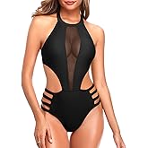 Tempt Me Women One Piece Sexy Mesh Swimsuit High Neck Halter Cutout Monokini Swimwear