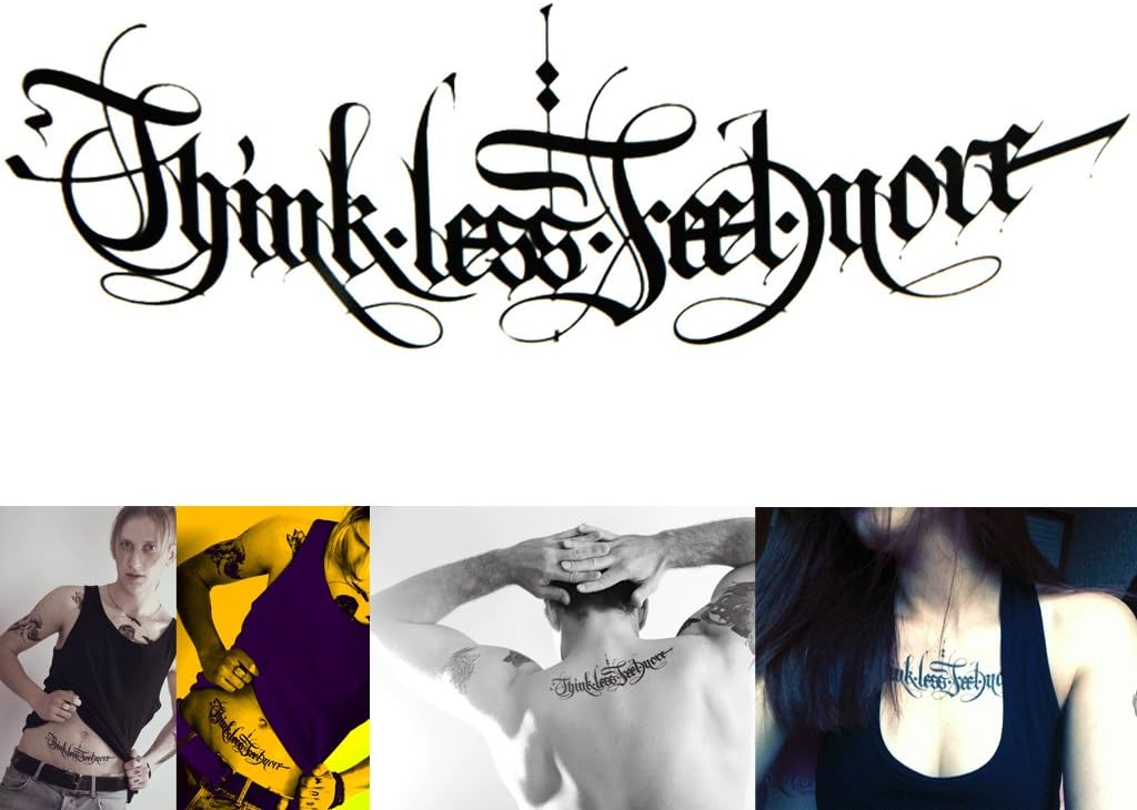 Novu Ink Tattoo Artist Temporary Tattoo hand drawn waterproof transfer 'Think Less Feel More Script' design (20cm x 7cm)