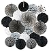 Recosis Hanging Paper Fan Set, Tissue Paper Pom Poms Flower Fan and Honeycomb Balls for Birthday Baby Shower Wedding Festival Decorations - Black