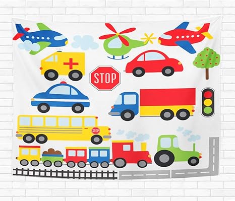 Amazon Com Assp Tapestry Train Car Toy Plane Clipart Transport Cartoon Truck 50x60 Inches Home Decorative Wall Hanging Tapestries For Living Room Bedroom Dorm Home Kitchen