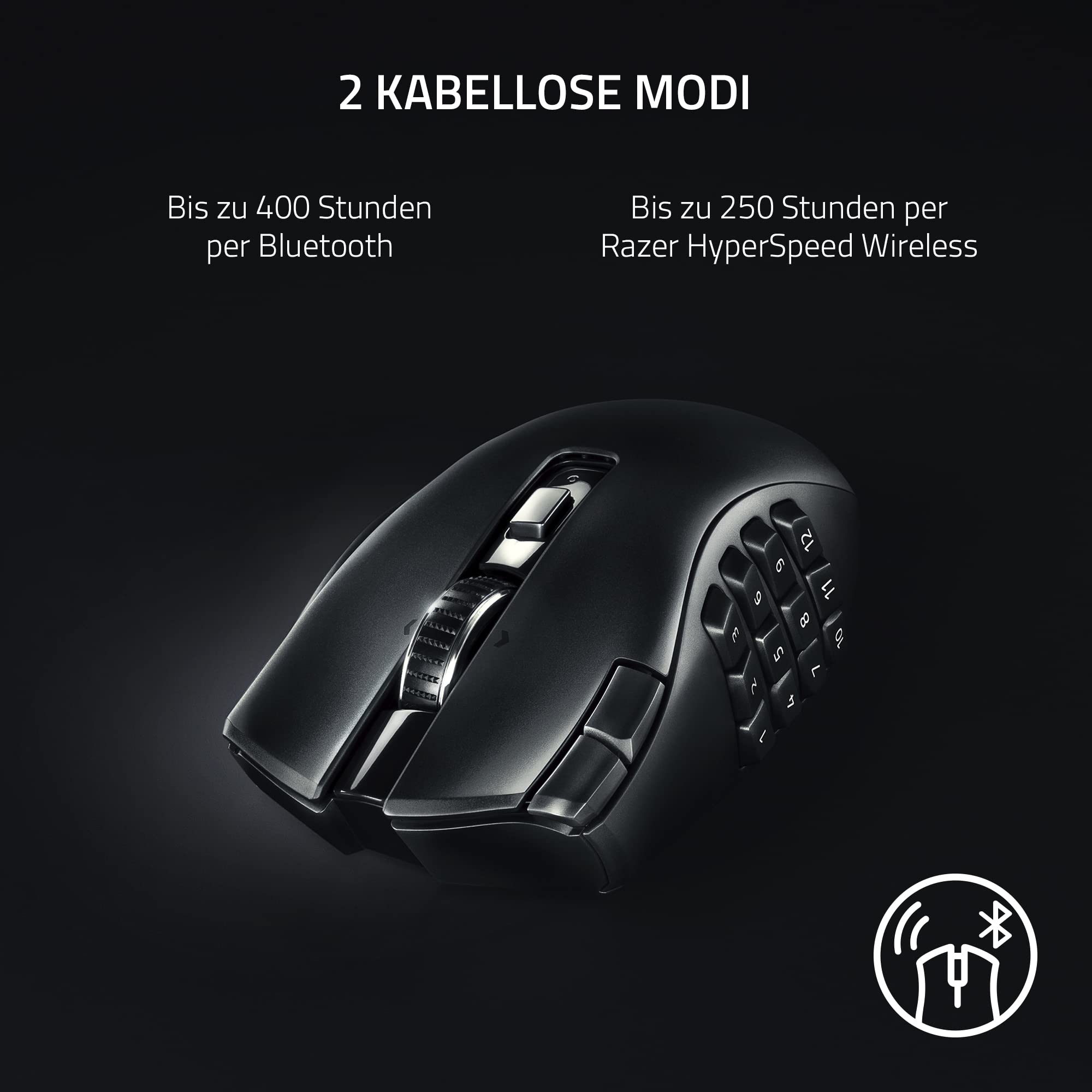 Razer Naga V2 HyperSpeed - Ergonomische Kabellose MMO Gaming Maus (19 Programmierbaren Tasten, Wireless 2,4 GHz, Bluetooth, Bis zu 250 Stunden, Focus Pro 30K Optischer Sensor) Schwarz 3