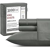 CHATEAU HOME COLLECTION 100% Cotton Sheets King Size - 1000 Thread Count Luxury Sateen Weave- 15" Deep Pocket King Sheet Set- Machine Washable Fade Restistant- Charcoal