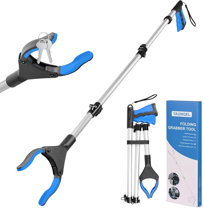 YAUNGEL 43 Inch Litter Picker Grabber with Magnet Foldable 360° Jaws Blue