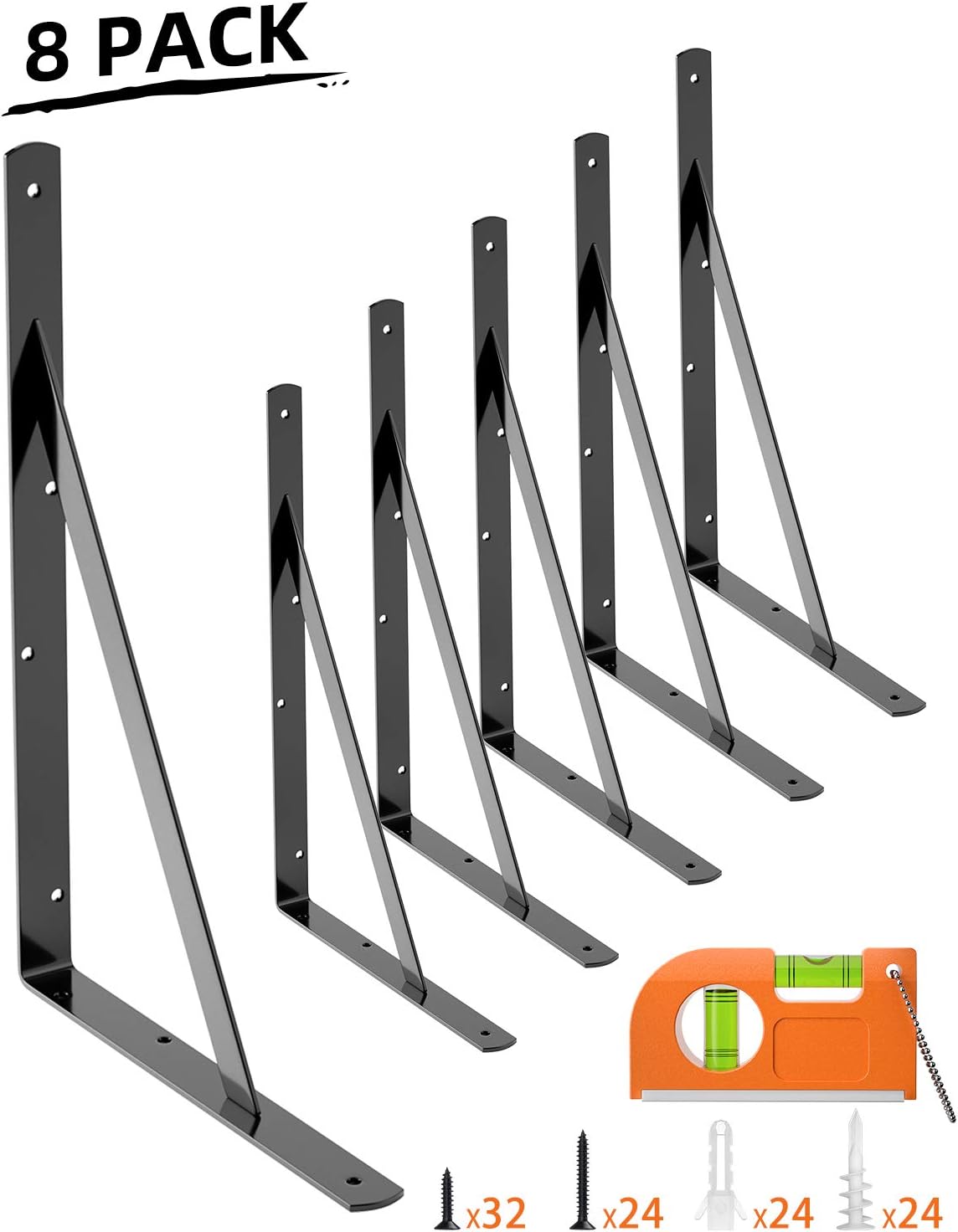 LuckIn Shelf Bracket 14 Inch for Floating Shelf, Heavy Duty Wall Mount L Bracket, 90 Degree Triangle Corner Bracket with Gusset (8 Pack,Black): Home Improvement