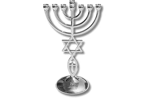 3 Arches USA 7 Branch Menorah - Jerusalem Temple Messianic Menorah, Gold & Silver Plated, 8.5" Tall - Messianic Symbol Home Decor with Star of David & Ichthys (Silver)