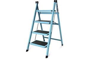 Krightlink Step Ladder, Folding Step Stool with Wide Platform Steps, Portable Folding Heavy-Duty Steel Sturdy Ladder for Adults Multi-Use for Home and Kitchen - Blue (4 Step)