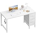 Lufeiya White Computer Desk with Drawers - 55 Inch Long Study Work Writing Desk for Home Office Bedroom, Reversible Simple Modern Cute PC Desks with Fabric Drawer, White