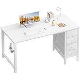 Lufeiya White Computer Desk with Drawers - 55 Inch Long Study Work Writing Desk for Home Office Bedroom, Reversible Simple Modern Cute PC Desks with Fabric Drawer, White