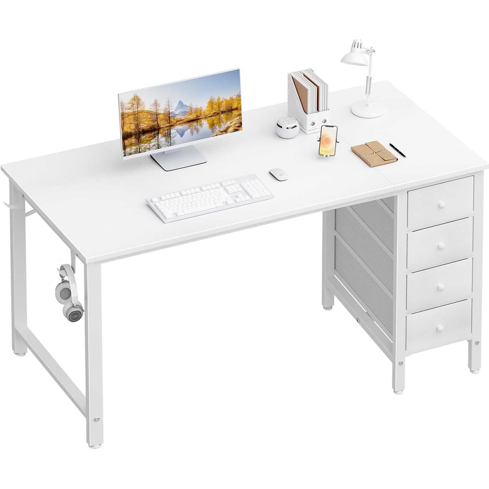 Photo 1 of Lufeiya White Computer Desk with Drawers - 55 Inch Long Study Work Writing Desk for Home Office Bedroom, Reversible Simple Modern Cute PC Desks with Fabric Drawer, White