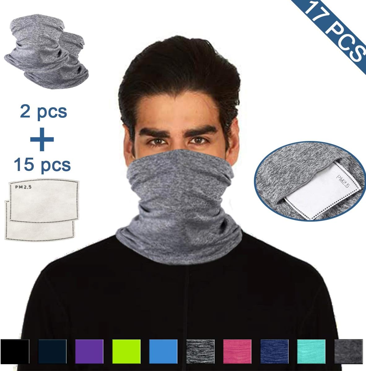 Scarf Bandanas Neck Gaiter with Safety Carbon Filters,Multi-purpose Face Cover For Men women Sports/Outdoors 17pcs (Gray)