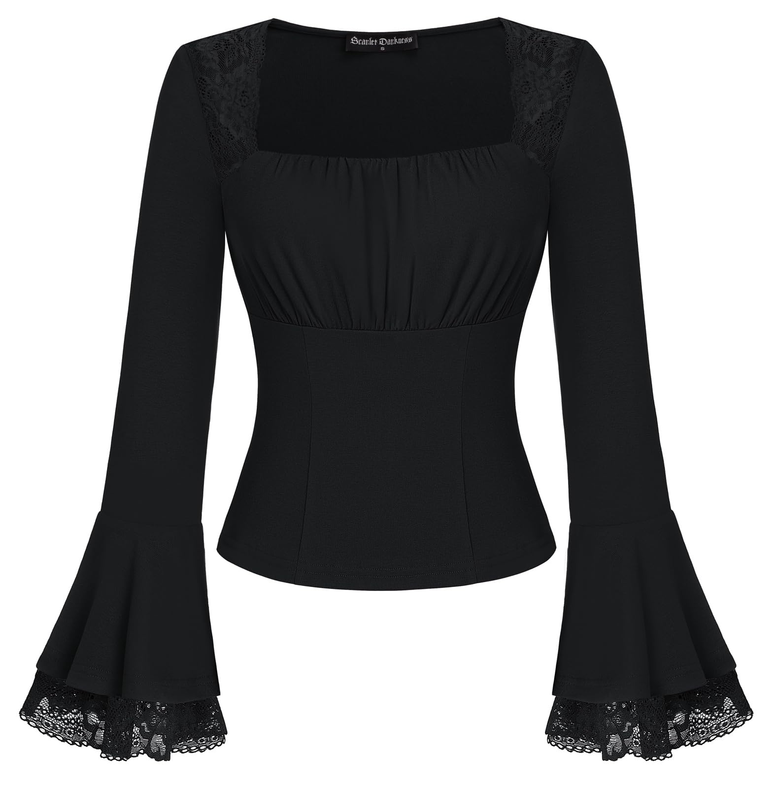 SCARLET DARKNESS Renaissance Shirts Lace Elegant Square Neck Medieval Pirate Long Bell Sleeve Party Tops for Women UK Black XXL
