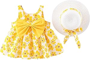 Newborn Infant Baby Girl Dress Sleeveless Backless Back Bow Flower Sundress Summer Dresses Outfits with Straw Hat 0-5T