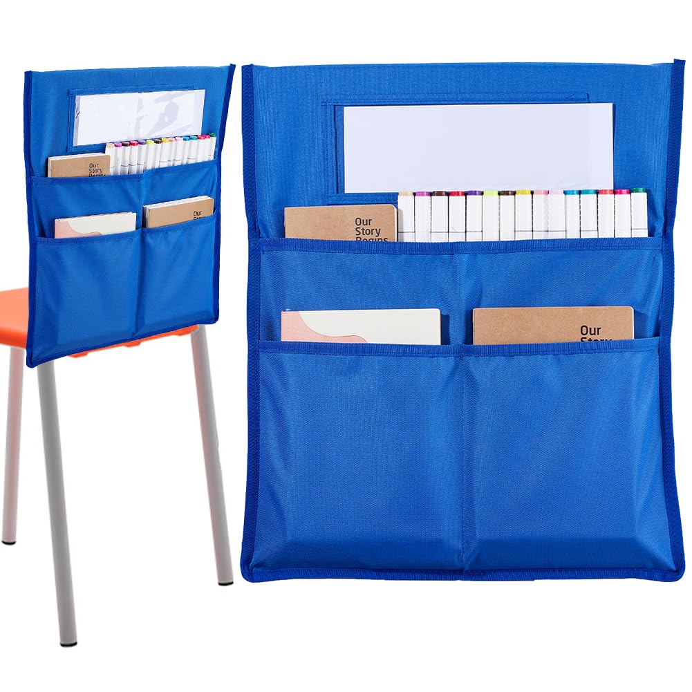 CRASPIRE Chair Buddy Storage Pocket 19 x 16.5in Chair Back Organizer Chart Blue with Name Tag Label Slot Students Seat Chairback Multiple Pockets for School Home Classroom Preschool Daycare Supplies