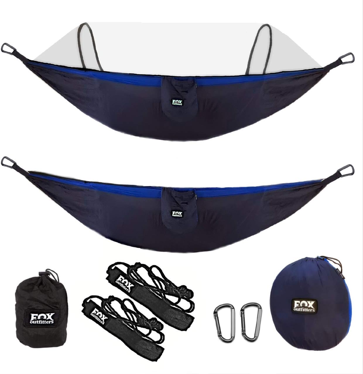 Fox Outfitters Mosquito Net Hammock XL - Built in Mosquito Net - Bug Protection - Easy Set Up - Comes with Tree Safe Hammock Straps & Steel Carabiners (Blue/Navy): Sports & Outdoors