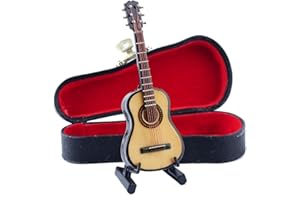 Dselvgvu Wooden Miniature Guitar with Stand and Case Mini Musical Instrument Guitar Replica Collectible Figurines Dollhouse Accessories Model Home Decoration Display Ornament (3.94"x1.42"x0.59")