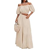 HUUSA 2026 Summer 2 Piece Boho Outfits for Women Short Sleeve Off Shoulder Crop Top and High Waist Flowy Long Skirt Set