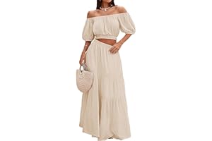HUUSA 2025 Summer 2 Piece Boho Outfits for Women Short Sleeve Off Shoulder Crop Top and High Waist Flowy Long Skirt Set