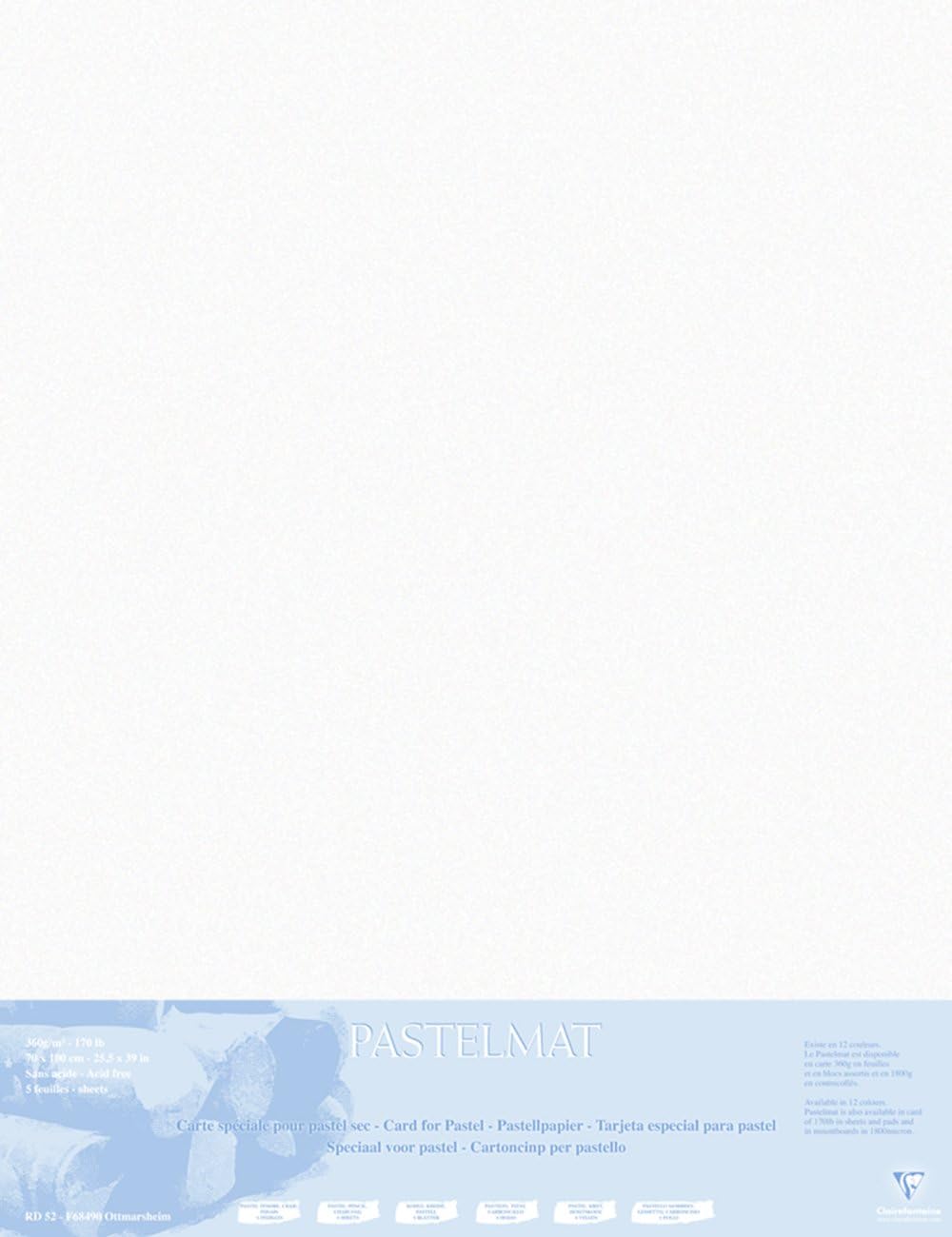 Clairefontaine, Ref 396010C, Pastelmat Mounted Board (5 Sheets), 1800 Microns, 70 x 100cm, White Colour