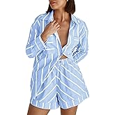Aisongyuan Women's Striped 2 Piece Outfits Casual Button Down Shirts and Shorts Drawstring Pajamas Lounge Matching Sets