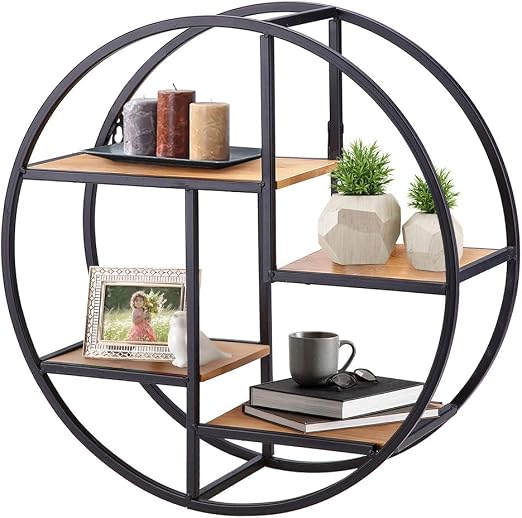 Amazon Com Industrial Style Round Wall Shelf Rustic Wood Iron Floating Shelves 4 Tier Craft Round Wall Shelf Display Rack Storage For Home Office Kitchen Living Room And Bedroom Kitchen Dining
