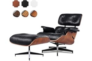 ASUKALE Top Black Grain Leather, Mid Century Chaise Lounge Chair and Ottoman, Leather Accent Chair, Modern Reading Chair, Classic Design, Heavy Duty Base Support for Living Room Lounge Office, Palisander
